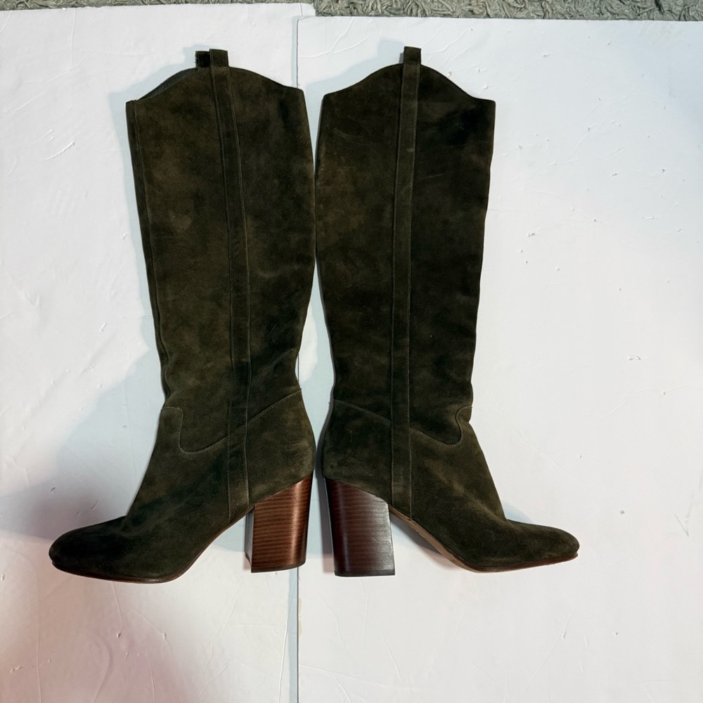Via Spiga Women's Knee High Boots Suede Size 10 dark green Side Zip Boho Western - Picture 2 of 10